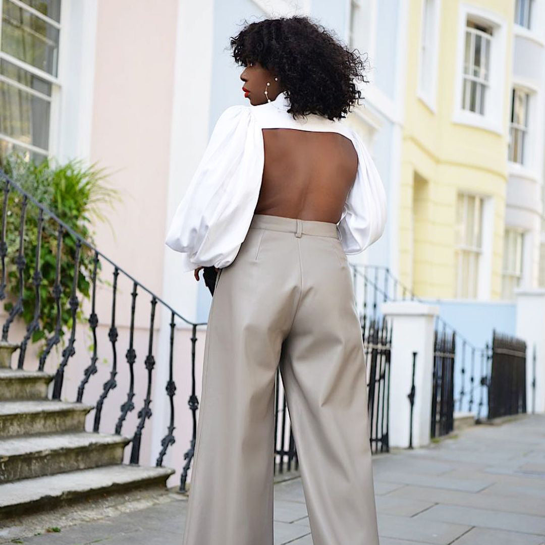 Backless Lantern Sleeve Long Sleeve Shirt - LivingLuxuryBoutique