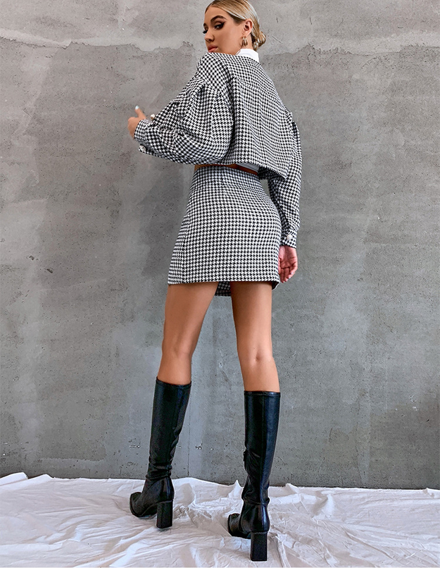 Casual Short Set Long-Sleeved Single-Breasted Top High Waist Hip-Wrapped Skirt Two-Piece Set