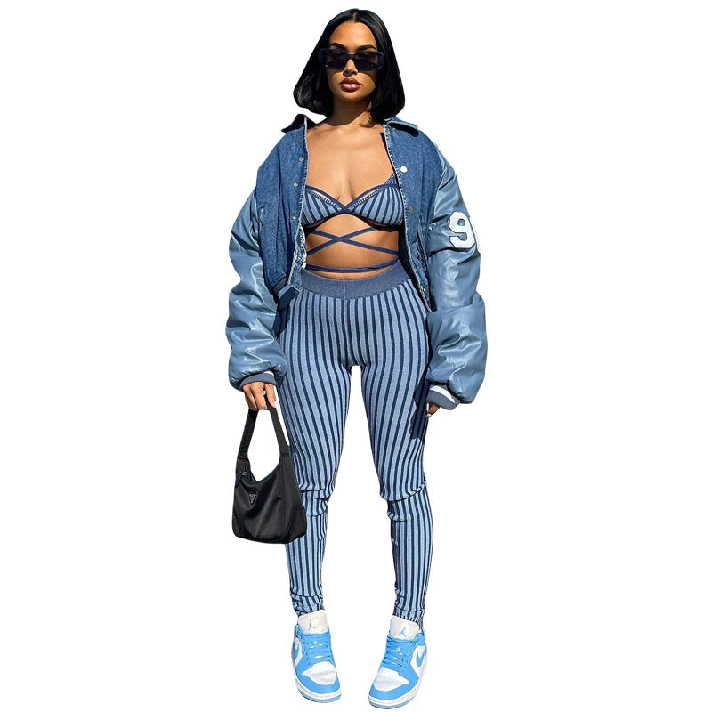 Striped Strap Vest Slim Fit Skinny Pants