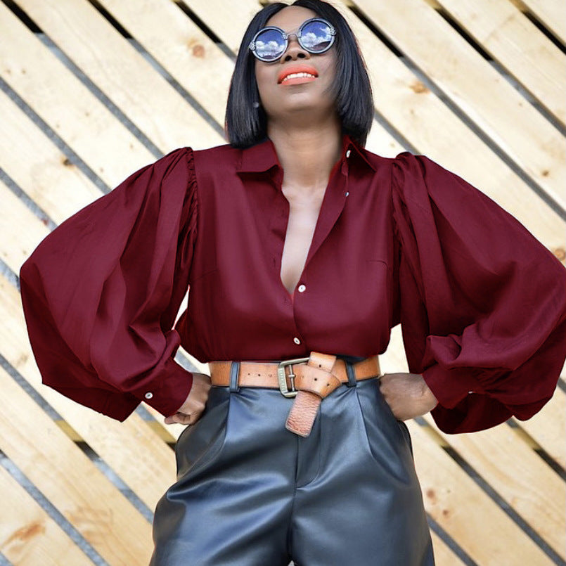 Backless Lantern Sleeve Long Sleeve Shirt - LivingLuxuryBoutique