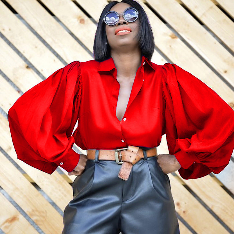 Backless Lantern Sleeve Long Sleeve Shirt - LivingLuxuryBoutique