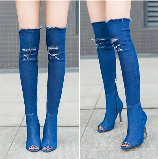 Dark Blue Denim Boots - LivingLuxuryBoutique