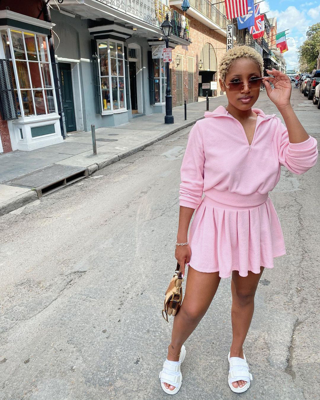 Tennis Suit Solid Color Velvet Pleated Mini Skirt Suit Two-Piece Set