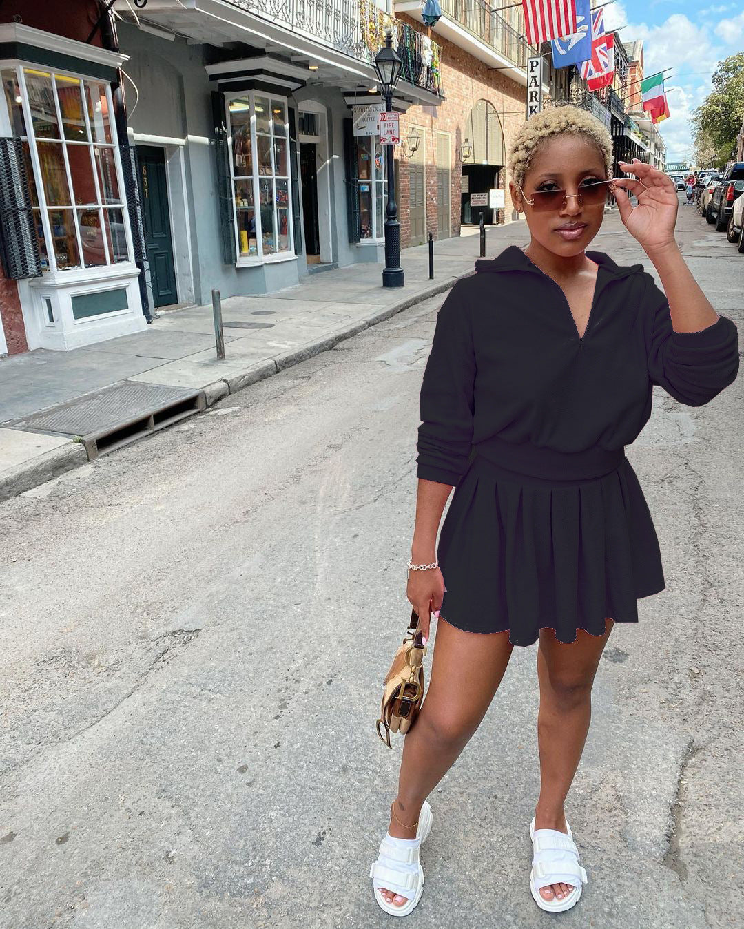 Tennis Suit Solid Color Velvet Pleated Mini Skirt Suit Two-Piece Set