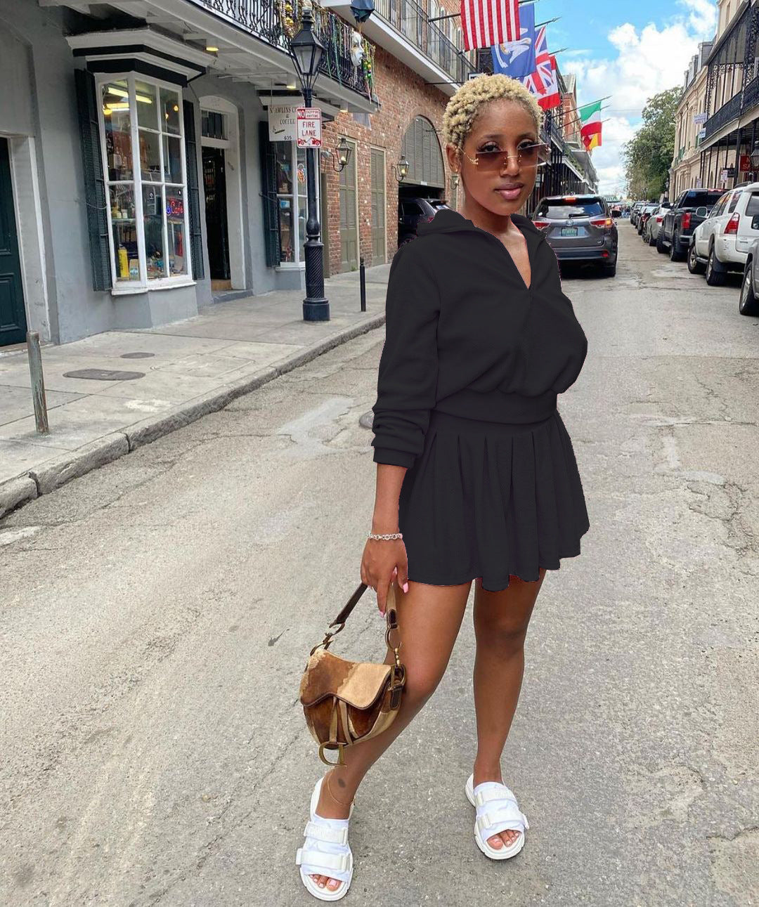 Tennis Suit Solid Color Velvet Pleated Mini Skirt Suit Two-Piece Set