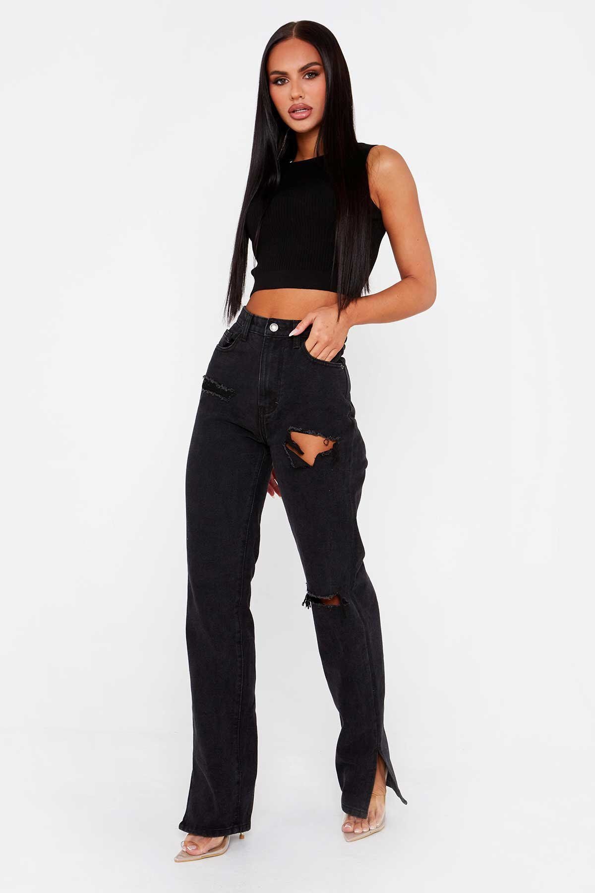 Black Denim Split pants - LivingLuxuryBoutique