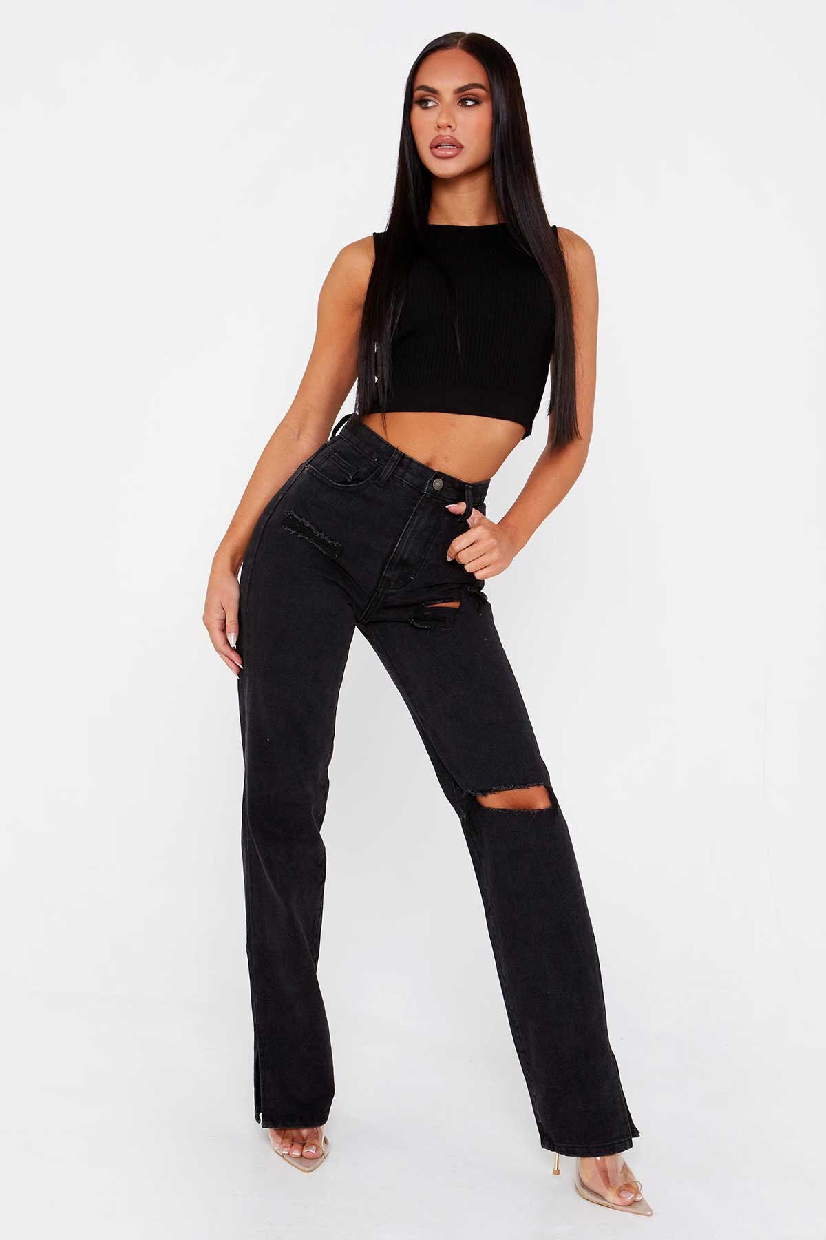 Black Denim Split pants - LivingLuxuryBoutique
