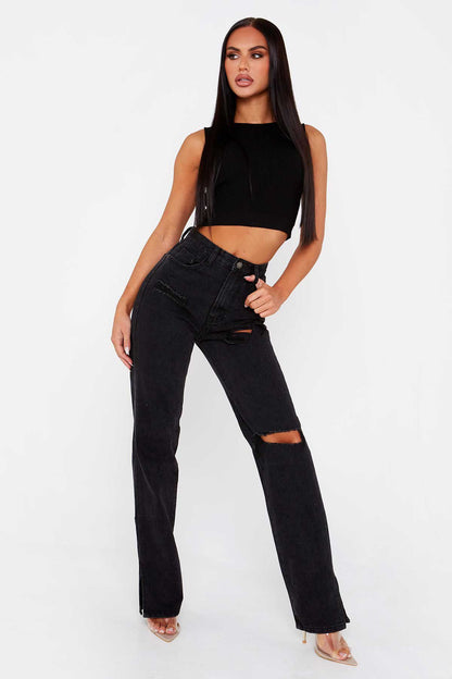 Black Denim Split pants - LivingLuxuryBoutique