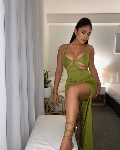 V-neck Hollow Backless High Slit Strap Dress