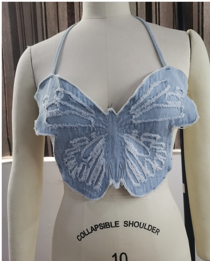 Sexy Butterfly Three-Dimensional Frayed Hollow out Strap Shirt