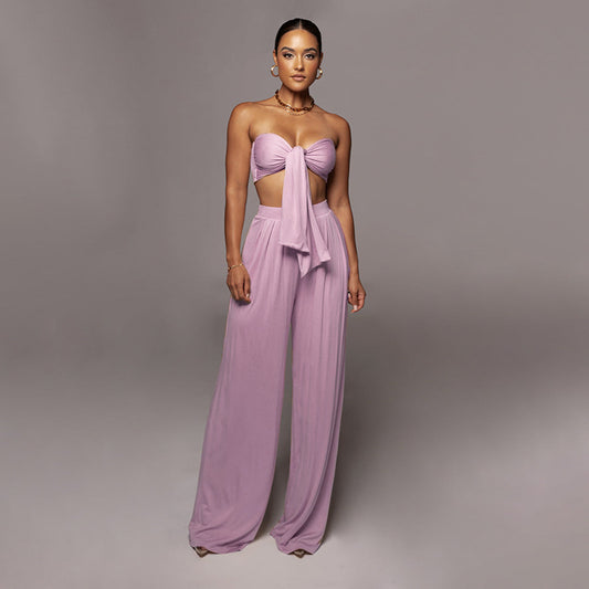 Women Clothes Two-Piece Sexy Pure Color Tied Tube Top Mid Waist Wide Leg Pants Casual Set