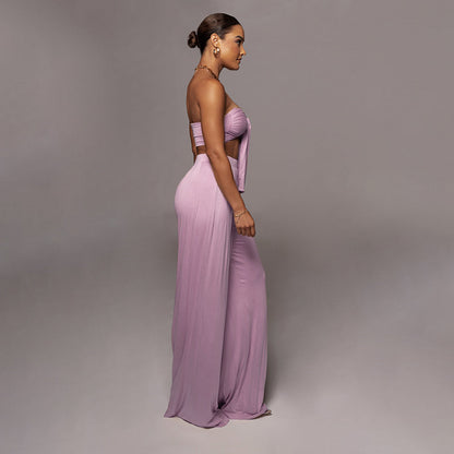 Women Clothes Two-Piece Sexy Pure Color Tied Tube Top Mid Waist Wide Leg Pants Casual Set