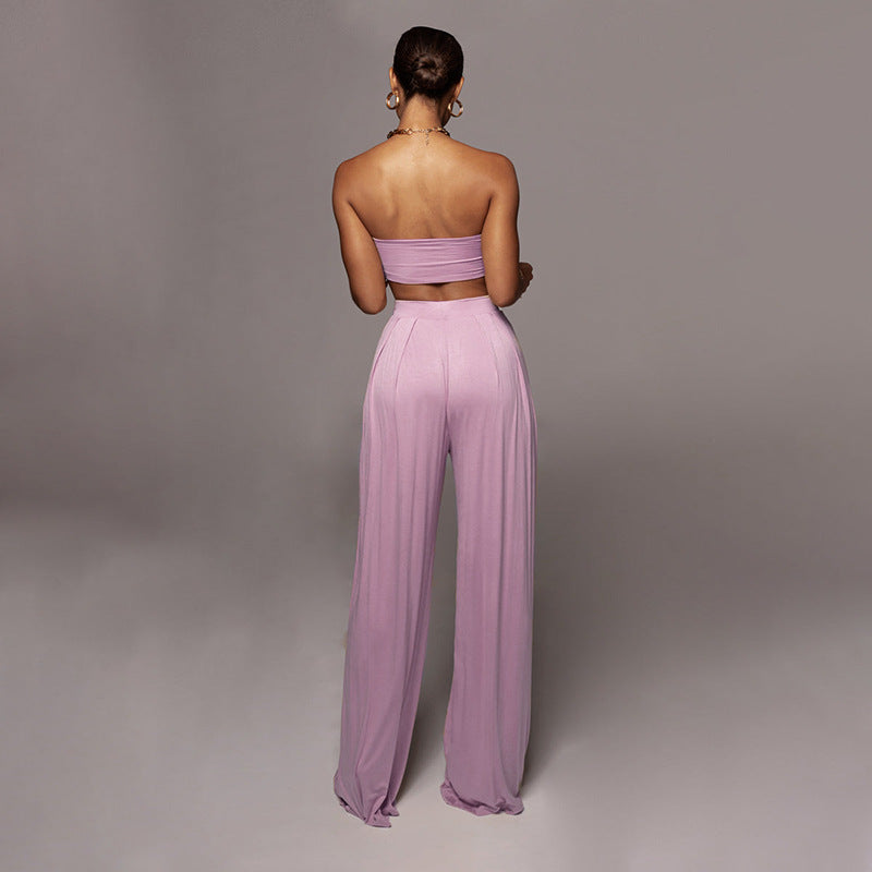 Women Clothes Two-Piece Sexy Pure Color Tied Tube Top Mid Waist Wide Leg Pants Casual Set