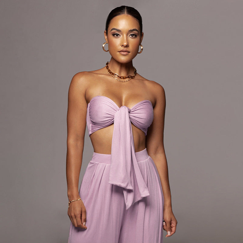 Women Clothes Two-Piece Sexy Pure Color Tied Tube Top Mid Waist Wide Leg Pants Casual Set