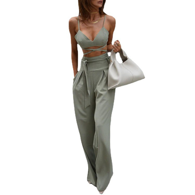 Sexy Crop-Top Spaghetti-Strap Top Casual High Waist Wide Leg Pants Two-Piece