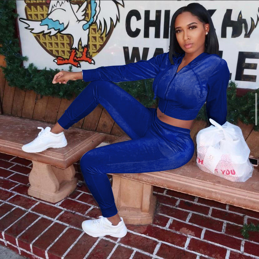 Velvet Hooded Jacket Slim Trousers Two-Piece Set Female Retro Set