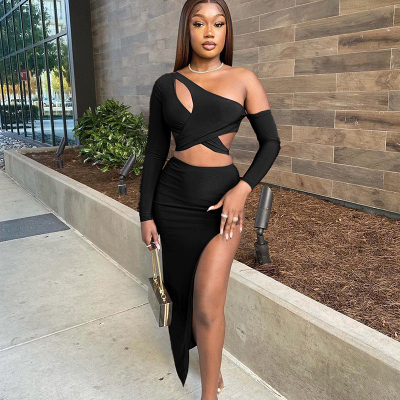 Diagonal Shoulder Crop-Top Short Top  Set