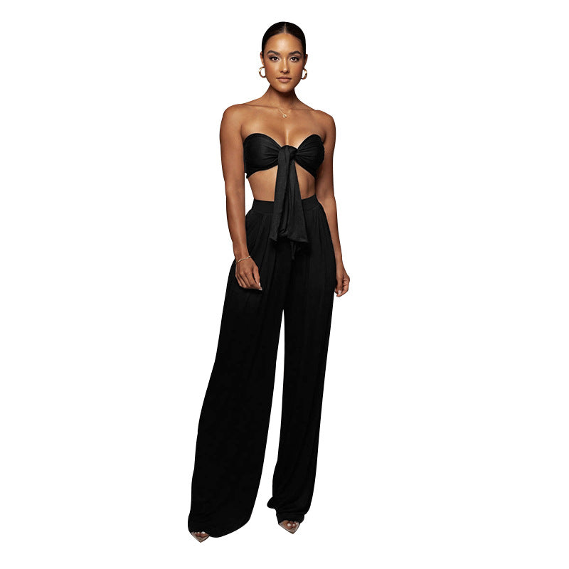 Women Clothes Two-Piece Sexy Pure Color Tied Tube Top Mid Waist Wide Leg Pants Casual Set