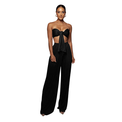 Women Clothes Two-Piece Sexy Pure Color Tied Tube Top Mid Waist Wide Leg Pants Casual Set