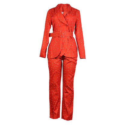 Polka Dot Long Sleeve Suit Coat Two-Piece Set Women Clothing