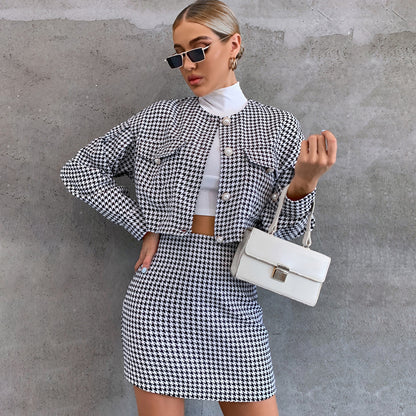 Casual Short Set Long-Sleeved Single-Breasted Top High Waist Hip-Wrapped Skirt Two-Piece Set