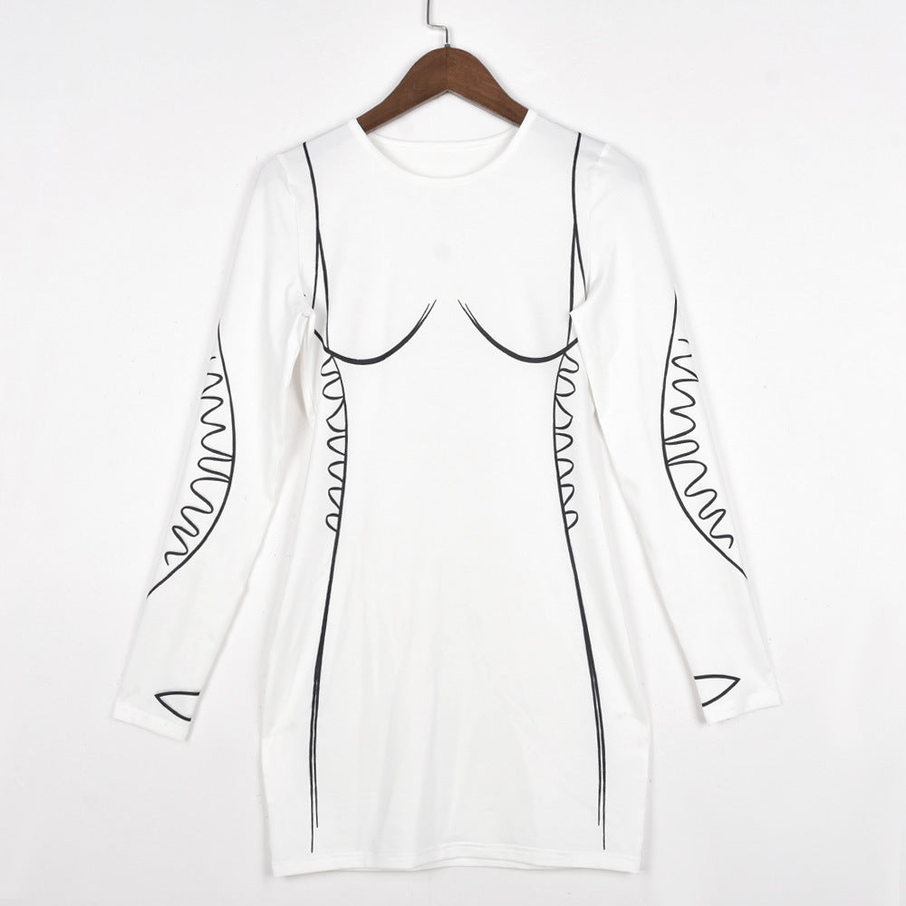 Sexy Slimming round Neck Long Sleeve Dress Short Skirt