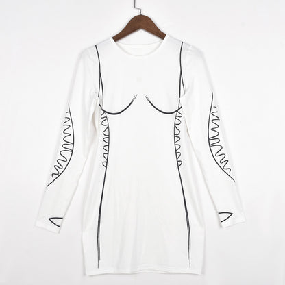 Sexy Slimming round Neck Long Sleeve Dress Short Skirt