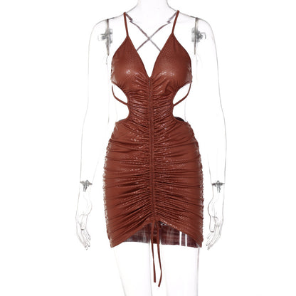 V-neck Brace Backless Pleating Dress