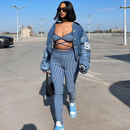 Striped Strap Vest Slim Fit Skinny Pants