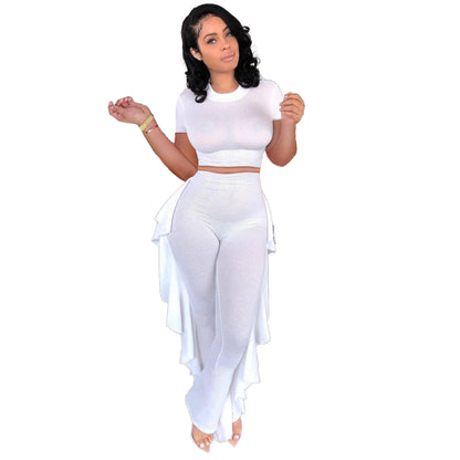 Women Clothing  Solid Color Short-Sleeved Shirt Pleated Pants Sunken Stripe Two-Piece Set