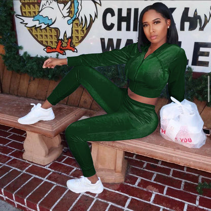 Velvet Hooded Jacket Slim Trousers Two-Piece Set Female Retro Set