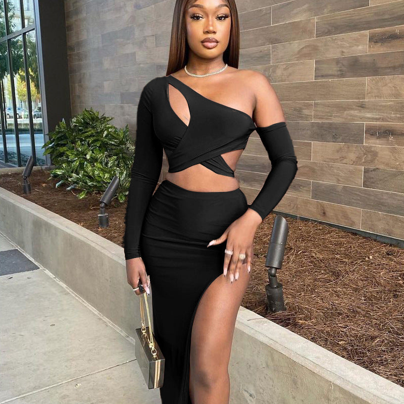 Diagonal Shoulder Crop-Top Short Top  Set