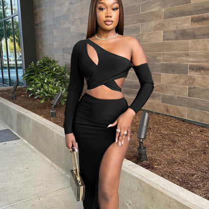 Diagonal Shoulder Crop-Top Short Top  Set