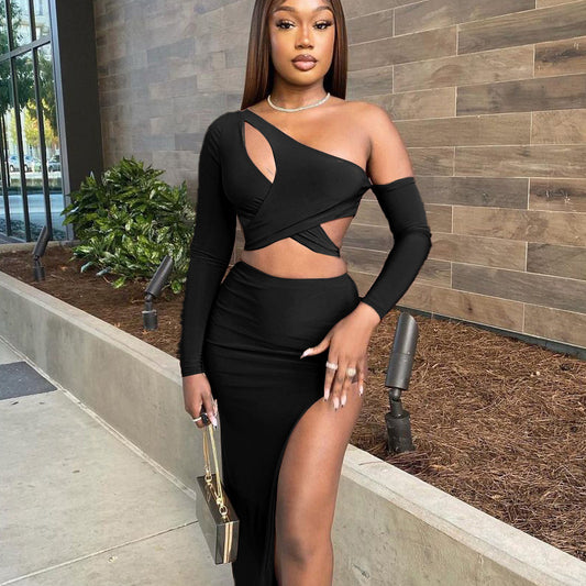 Diagonal Shoulder Crop-Top Short Top  Set