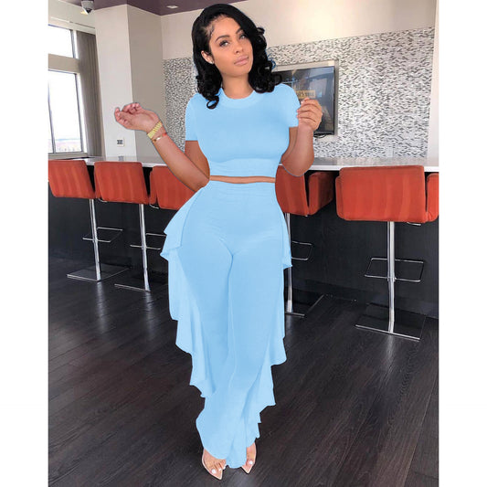 Women Clothing  Solid Color Short-Sleeved Shirt Pleated Pants Sunken Stripe Two-Piece Set