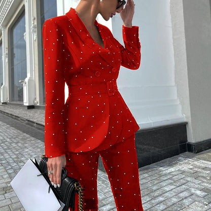 Polka Dot Long Sleeve Suit Coat Two-Piece Set Women Clothing