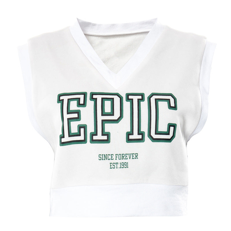 V-neck Sleeveless Pullover Letter Graphic Printed Navel Fleece Top