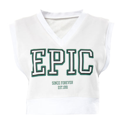 V-neck Sleeveless Pullover Letter Graphic Printed Navel Fleece Top