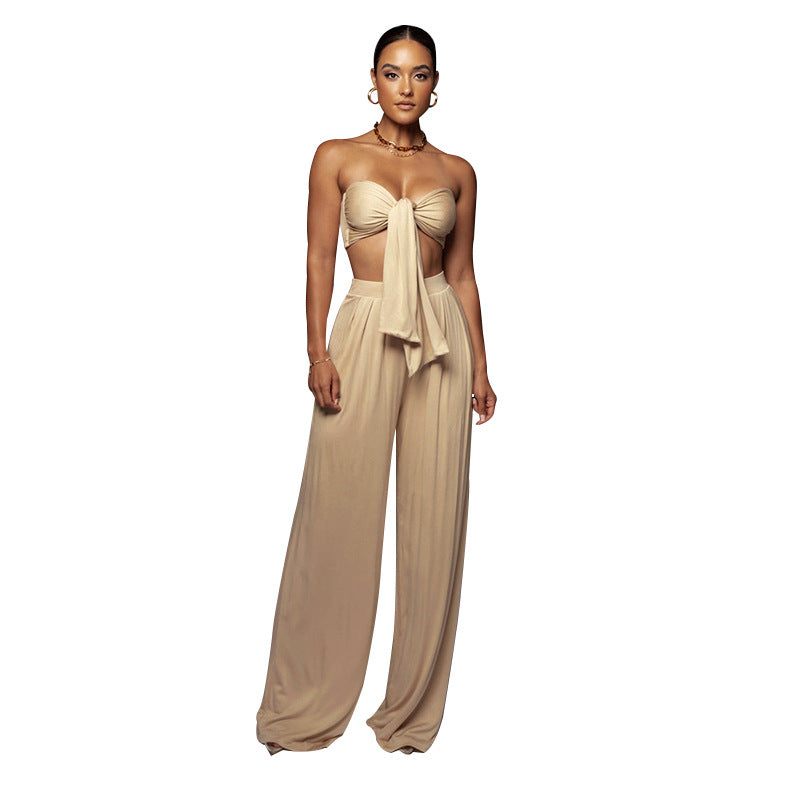 Women Clothes Two-Piece Sexy Pure Color Tied Tube Top Mid Waist Wide Leg Pants Casual Set