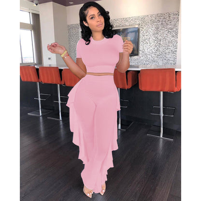 Women Clothing  Solid Color Short-Sleeved Shirt Pleated Pants Sunken Stripe Two-Piece Set