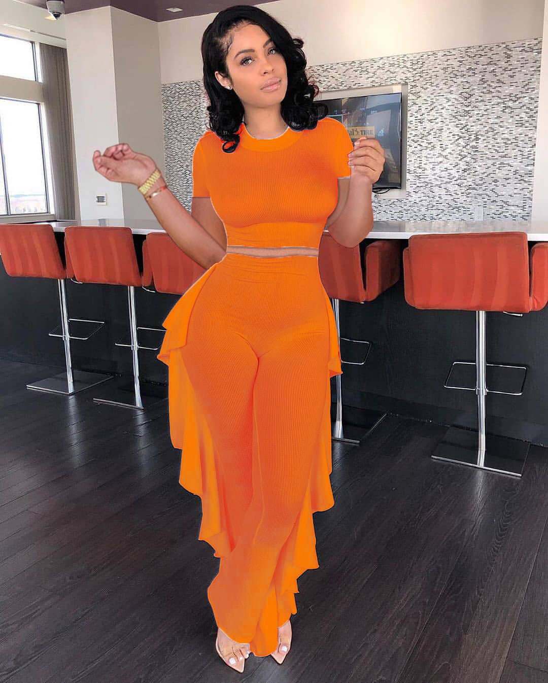 Women Clothing  Solid Color Short-Sleeved Shirt Pleated Pants Sunken Stripe Two-Piece Set