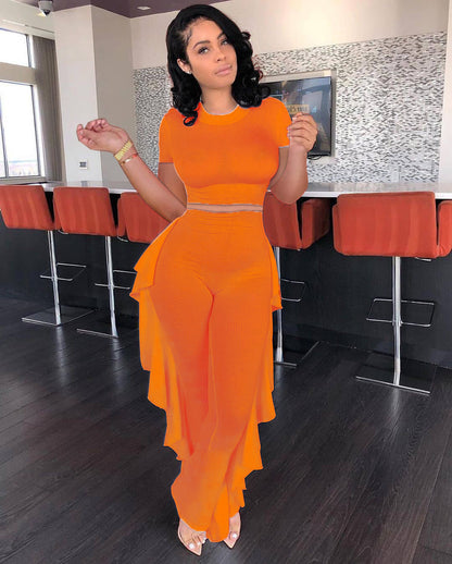 Women Clothing  Solid Color Short-Sleeved Shirt Pleated Pants Sunken Stripe Two-Piece Set