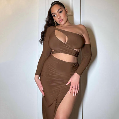 Diagonal Shoulder Crop-Top Short Top  Set