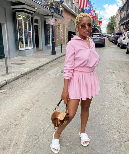 Tennis Suit Solid Color Velvet Pleated Mini Skirt Suit Two-Piece Set