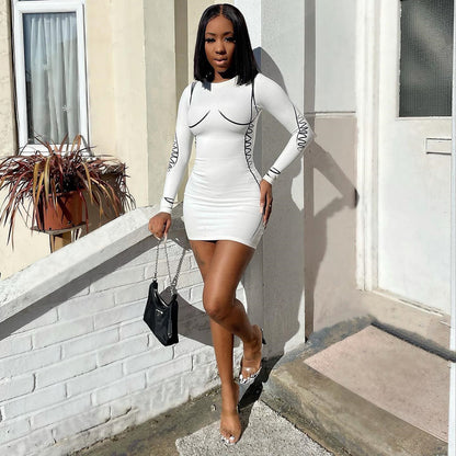 Sexy Slimming round Neck Long Sleeve Dress Short Skirt