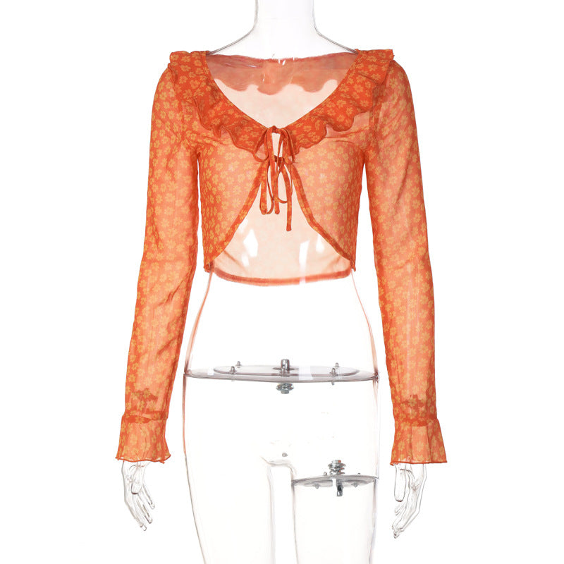 Ruffled round Neck Horn Long Sleeve Lace-up Small Floral Shirt