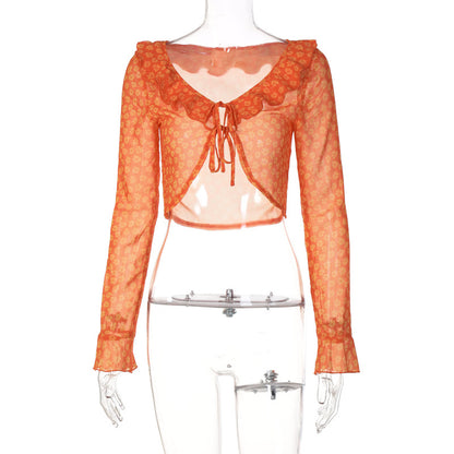 Ruffled round Neck Horn Long Sleeve Lace-up Small Floral Shirt