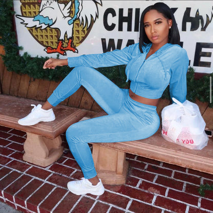 Velvet Hooded Jacket Slim Trousers Two-Piece Set Female Retro Set