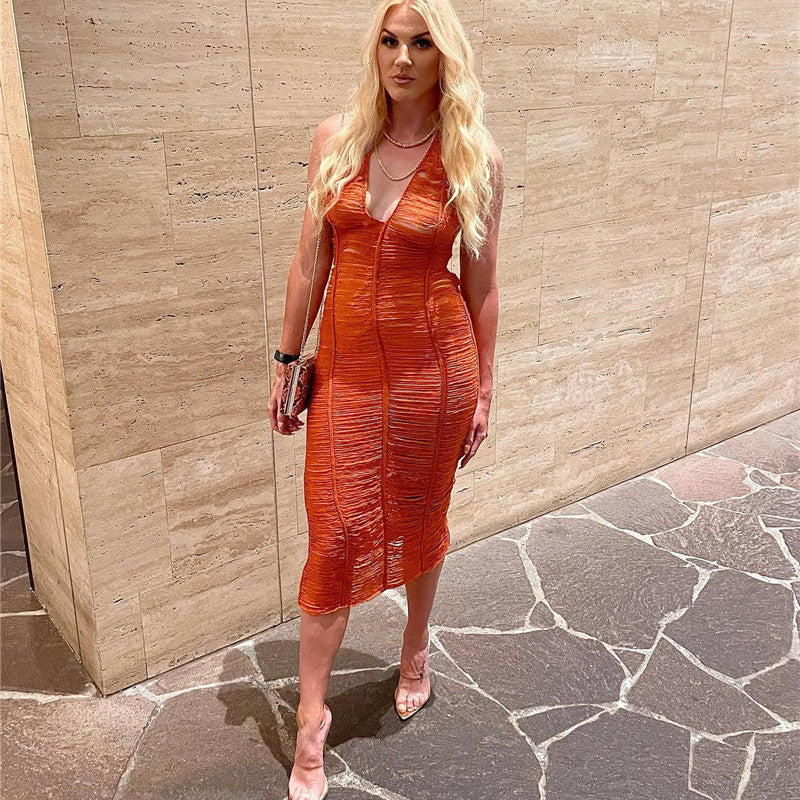 See-through Hollow Sexy Halterneck Skirt Knitted Tight Dress