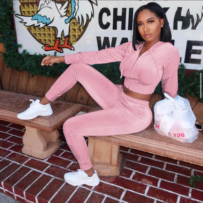 Velvet Hooded Jacket Slim Trousers Two-Piece Set Female Retro Set